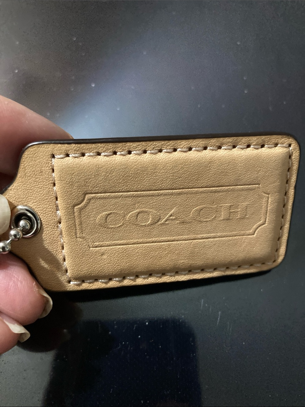 Coach Tan Leather Key & Card Tag with Ball Chain